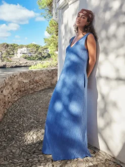 Blue Textured Jersey Slip Dress
