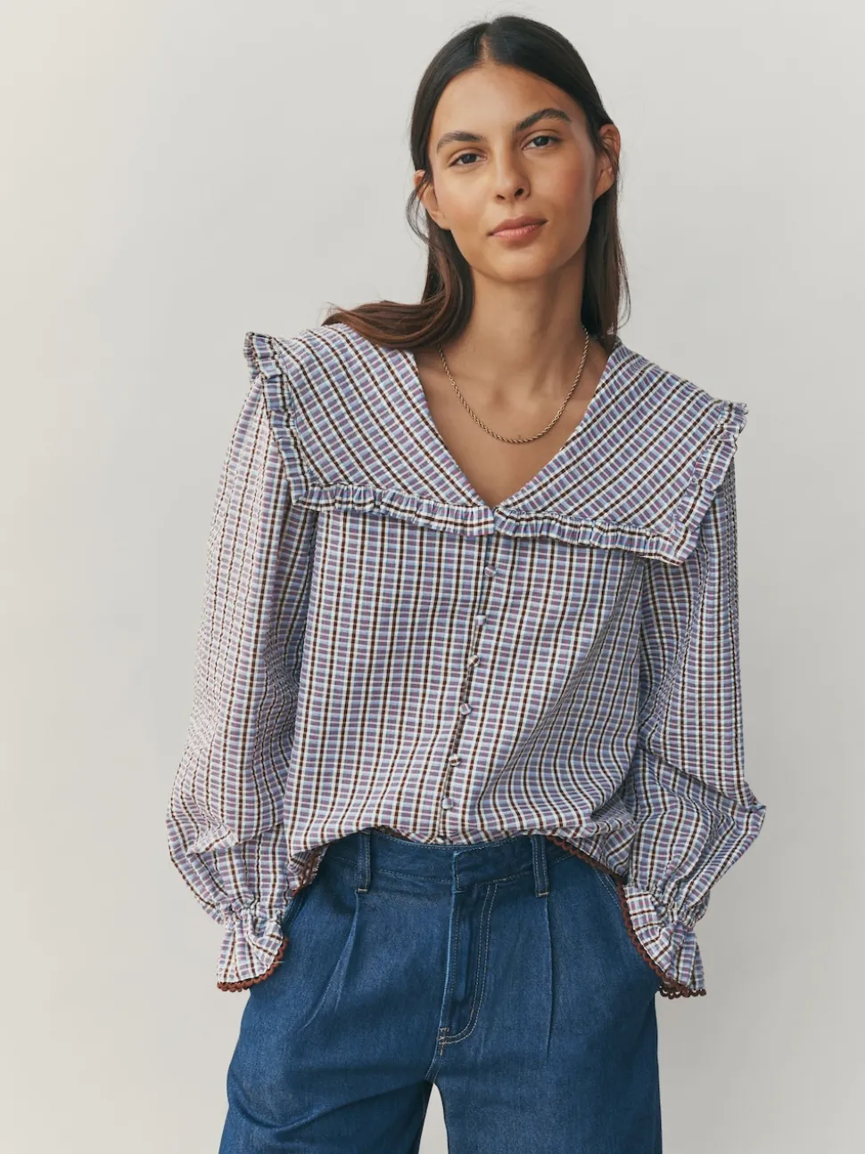 Blue/Brown Check Oversized Collar Long Sleeve Blouse