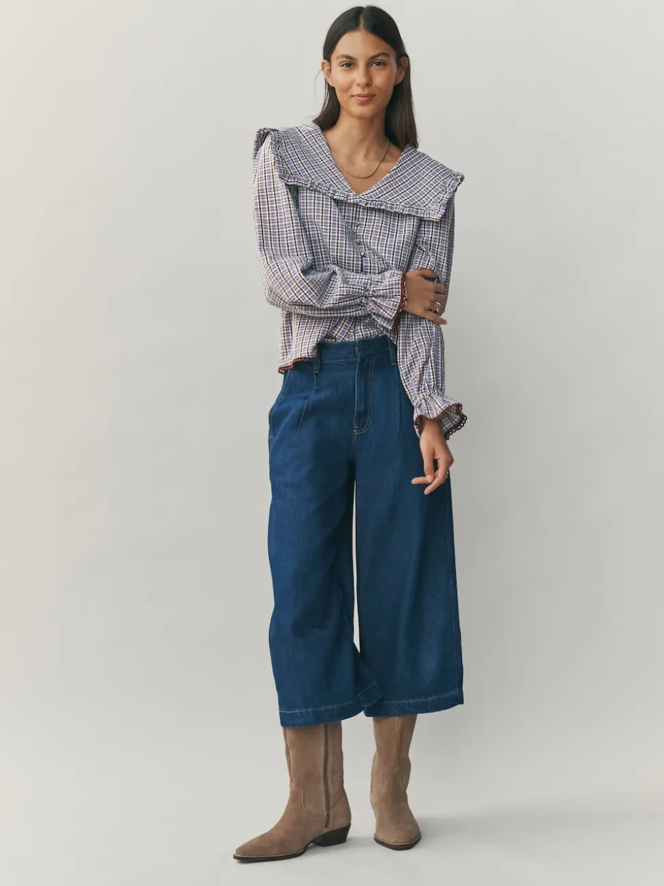 Blue/Brown Check Oversized Collar Long Sleeve Blouse