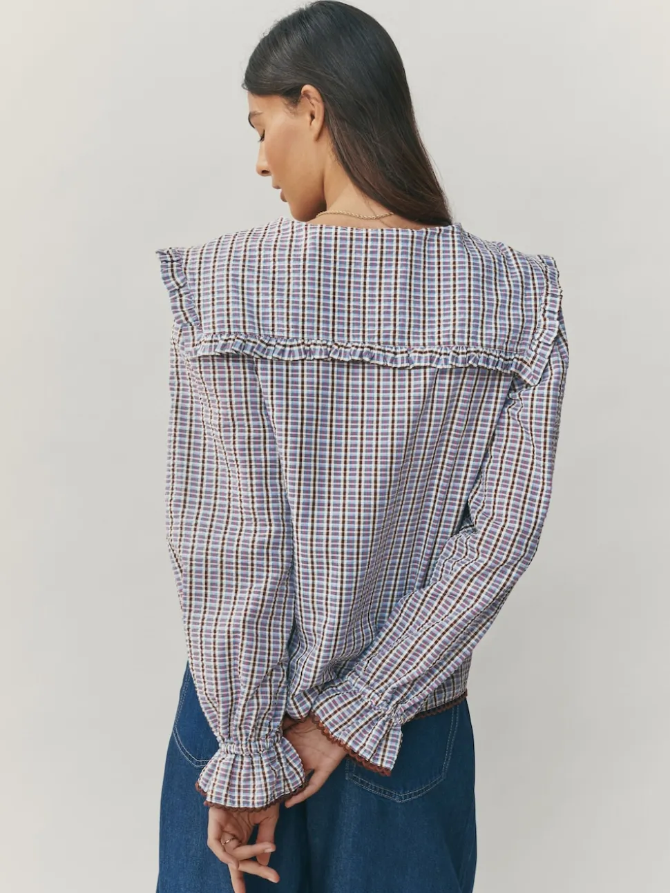 Blue/Brown Check Oversized Collar Long Sleeve Blouse