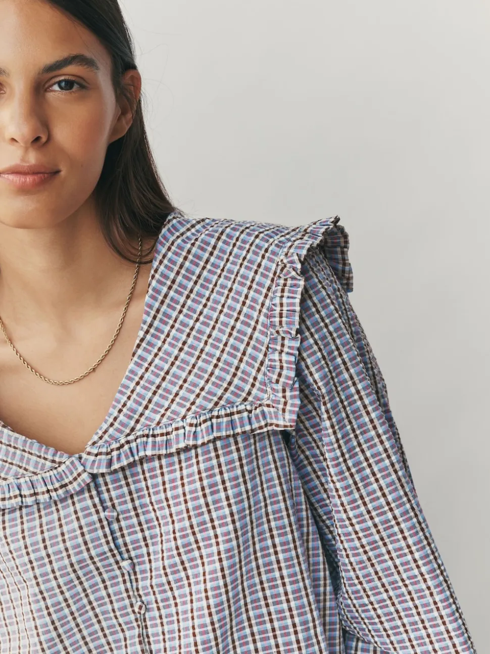 Blue/Brown Check Oversized Collar Long Sleeve Blouse