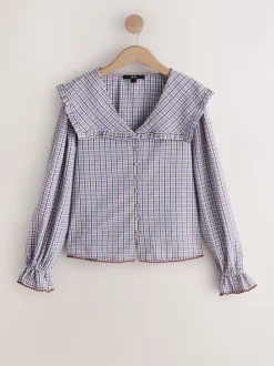 Blue/Brown Check Oversized Collar Long Sleeve Blouse