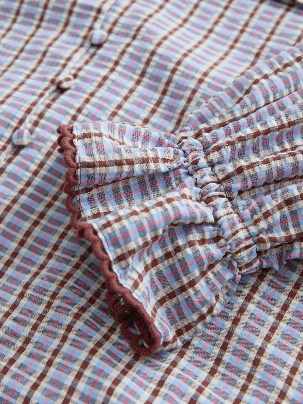 Blue/Brown Check Oversized Collar Long Sleeve Blouse