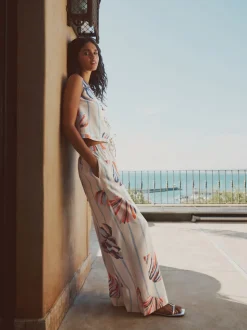 Blue/Ecru Pull On Wide Leg Trousers With Linen