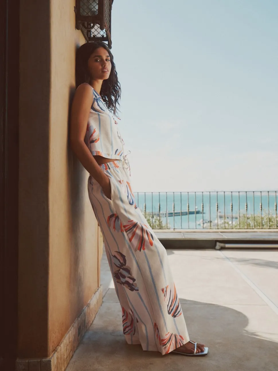 Blue/Ecru Pull On Wide Leg Trousers With Linen