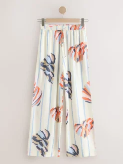 Blue/Ecru Pull On Wide Leg Trousers With Linen