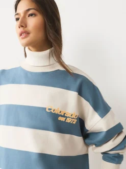 Blue/Ecru Striped Graphic 'Colarado' City Longsleeve Crewneck Sweatshirt