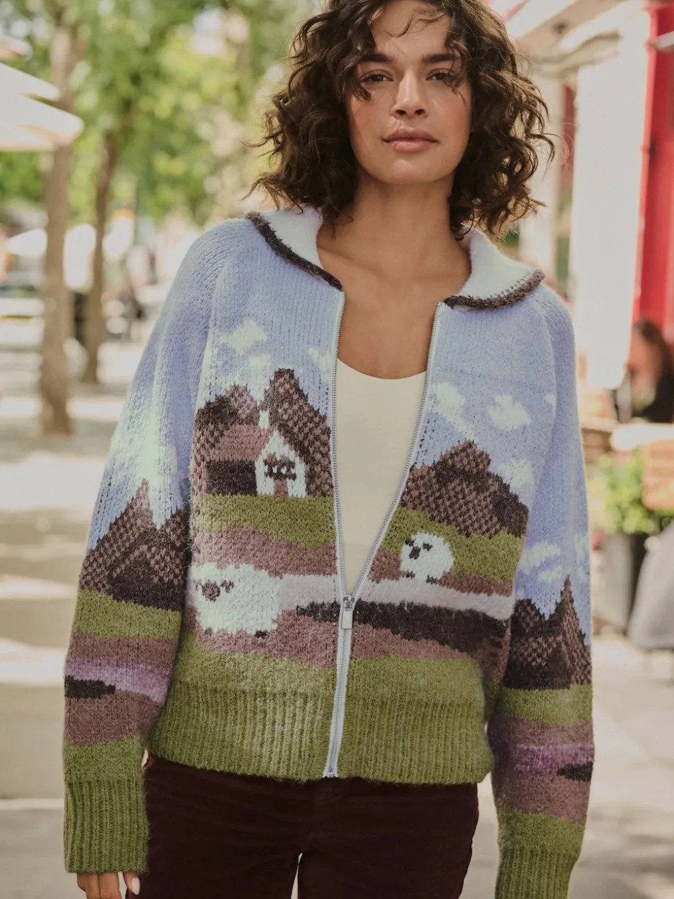 Blue/Green Landscape Scene Zip Cardigan