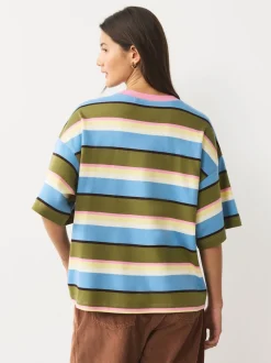 Blue/Green/Pink Striped Relaxed Boxy Elbow Length Crew Neck T-Shirt