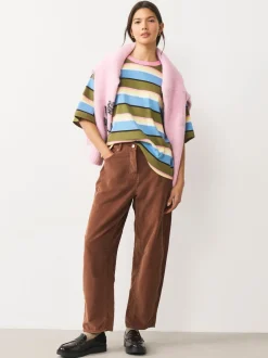 Blue/Green/Pink Striped Relaxed Boxy Elbow Length Crew Neck T-Shirt