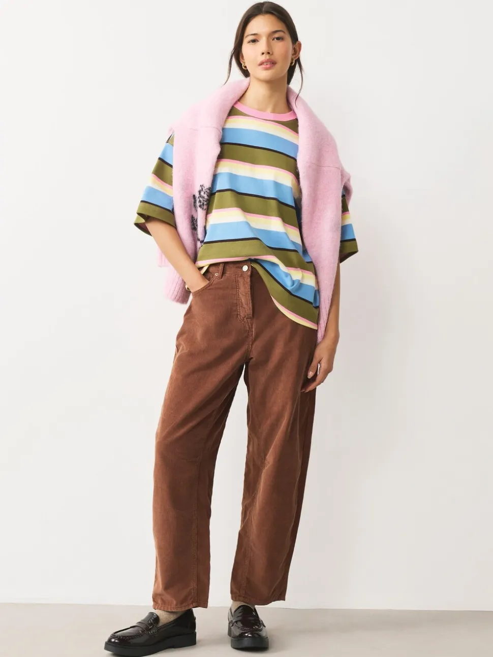 Blue/Green/Pink Striped Relaxed Boxy Elbow Length Crew Neck T-Shirt