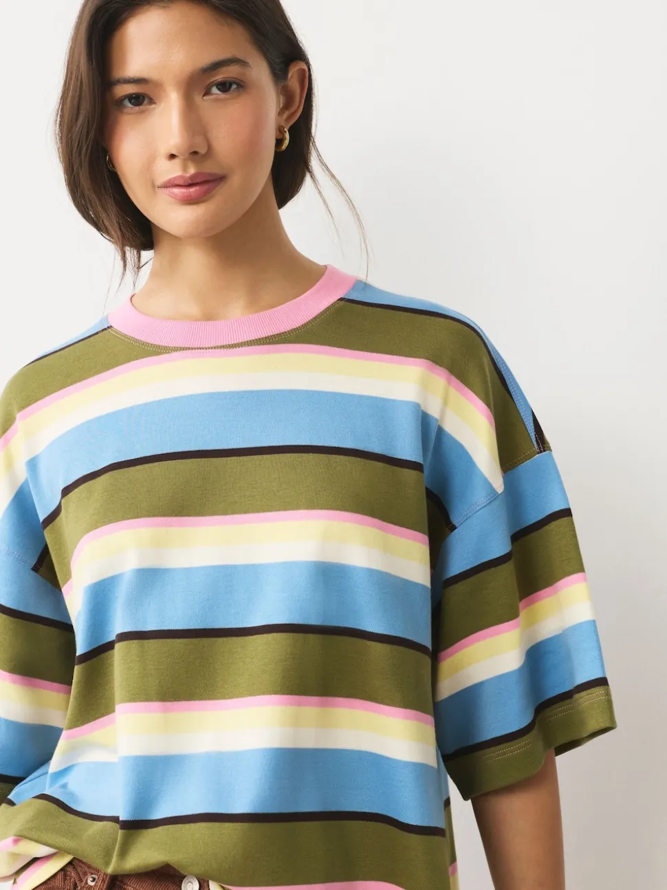 Blue/Green/Pink Striped Relaxed Boxy Elbow Length Crew Neck T-Shirt