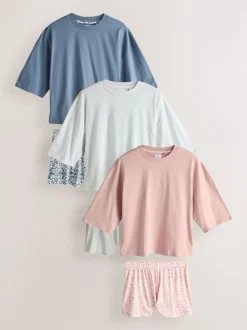 Blue/Grey/Pink Floral Short Set Pyjamas 3 Pack