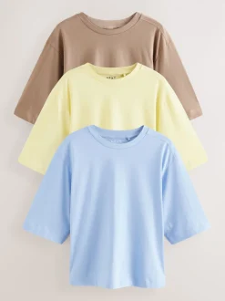 Blue/Lemon Yellow/Neutral Elbow Length Crew Neck 100% Cotton T-Shirts 3 Pack