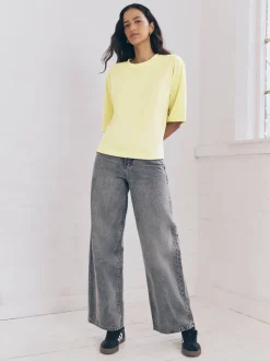 Blue/Lemon Yellow/Neutral Elbow Length Crew Neck 100% Cotton T-Shirts 3 Pack