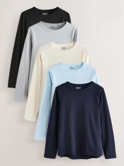 Blue/Navy/Cream/Grey Long Sleeve Crew Neck T-Shirts 5 Pack