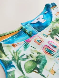 Blue/Pink Scenic Print Jersey Shift Dress
