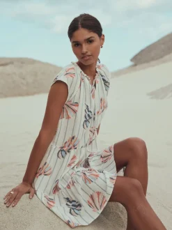 Blue/Pink Shell Print V-Neck Tiered Mini Dress with Linen