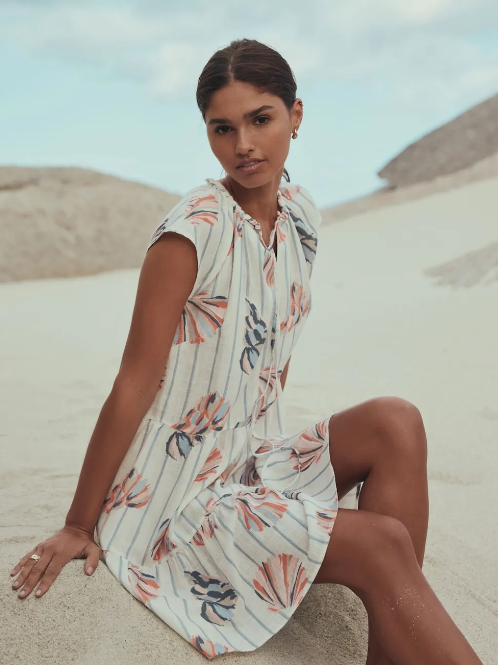 Blue/Pink Shell Print V-Neck Tiered Mini Dress with Linen