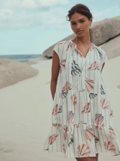 Blue/Pink Shell Print V-Neck Tiered Mini Dress with Linen