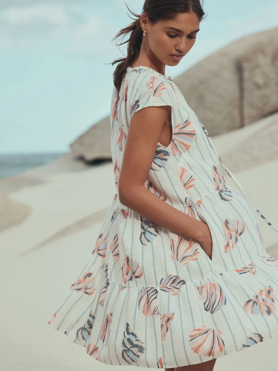 Blue/Pink Shell Print V-Neck Tiered Mini Dress with Linen