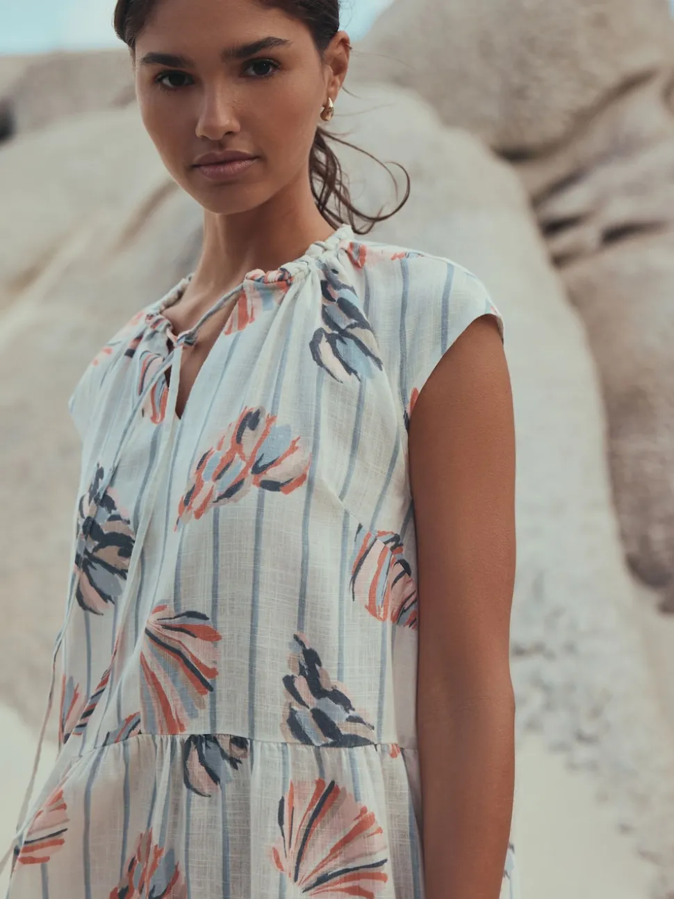 Blue/Pink Shell Print V-Neck Tiered Mini Dress with Linen