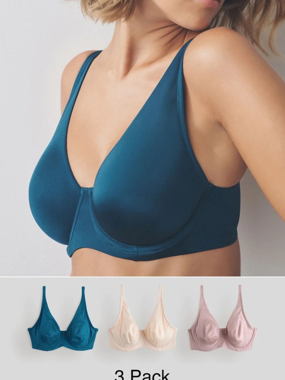 Blue/Pink/Cream Non Pad Full Cup DD+ Microfibre Smoothing Ultimate Comfort T-Shirt Bras 3 Pack