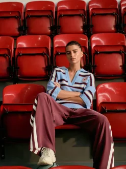 Blue/Red Stripe Open Collar Polo Half Sleeve Jumper With Wool