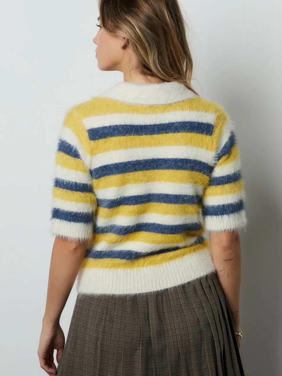 Blue/Yellow Stripe Gem Button Short Sleeve Knitted Polo Jumper