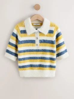 Blue/Yellow Stripe Gem Button Short Sleeve Knitted Polo Jumper