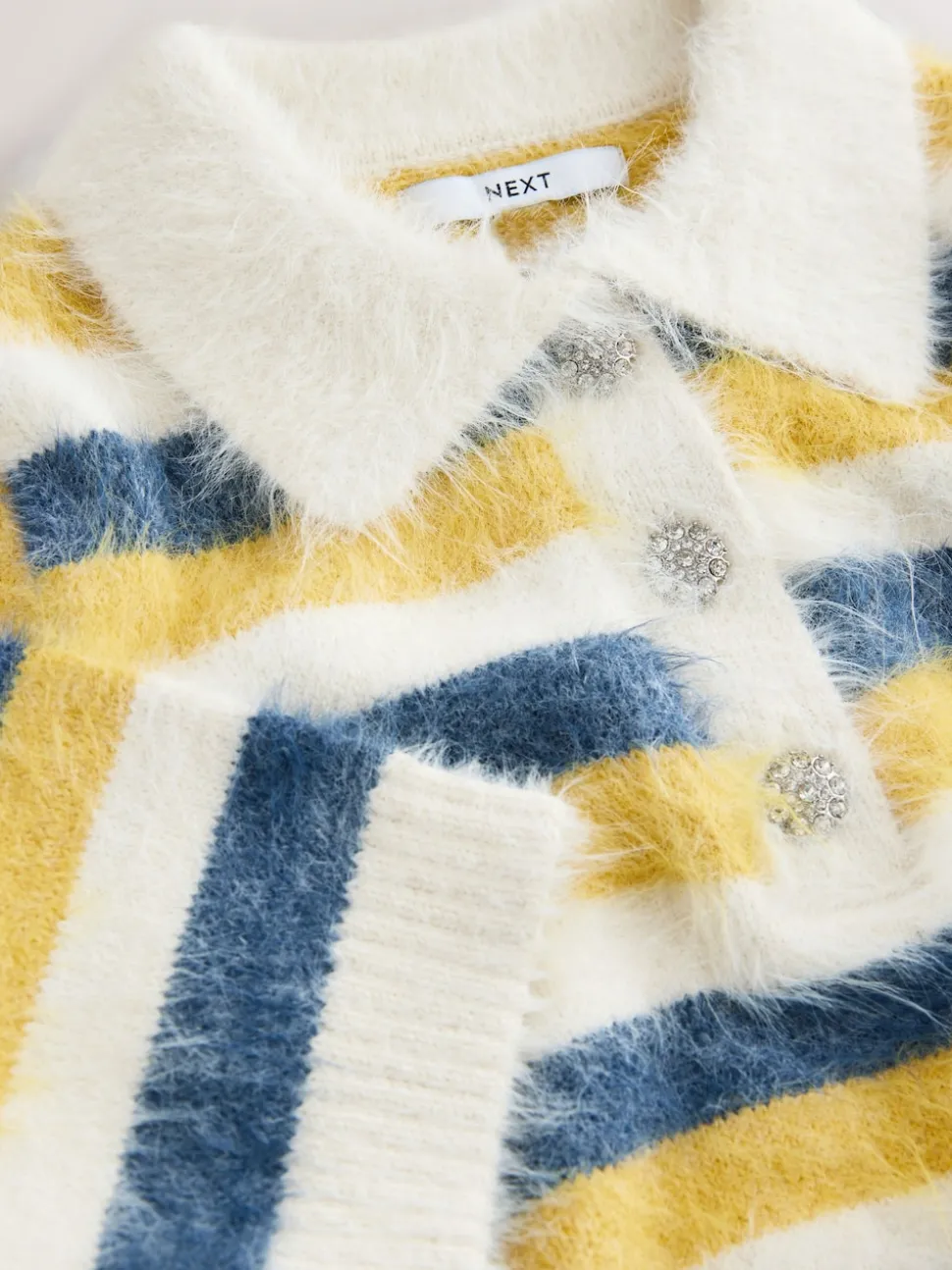 Blue/Yellow Stripe Gem Button Short Sleeve Knitted Polo Jumper