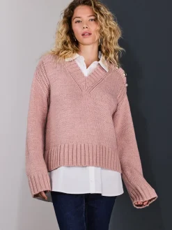 Blush Pink V-Neck Knitted Shirt Layer Look Jumper