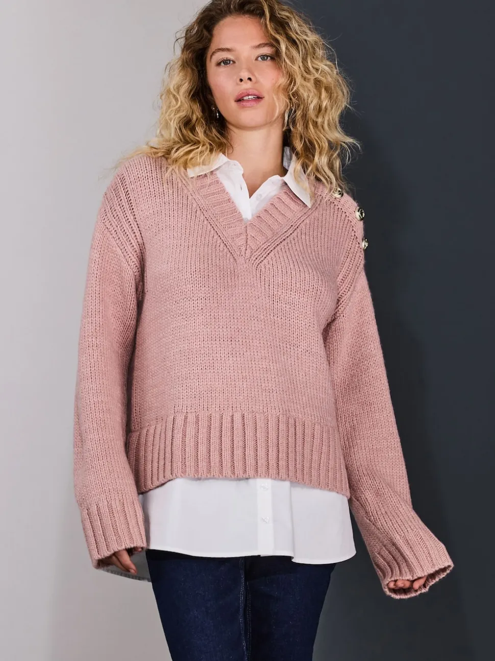 Blush Pink V-Neck Knitted Shirt Layer Look Jumper