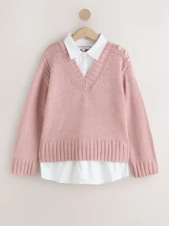 Blush Pink V-Neck Knitted Shirt Layer Look Jumper