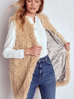 Boden Cream Faux Fur Long Gilet