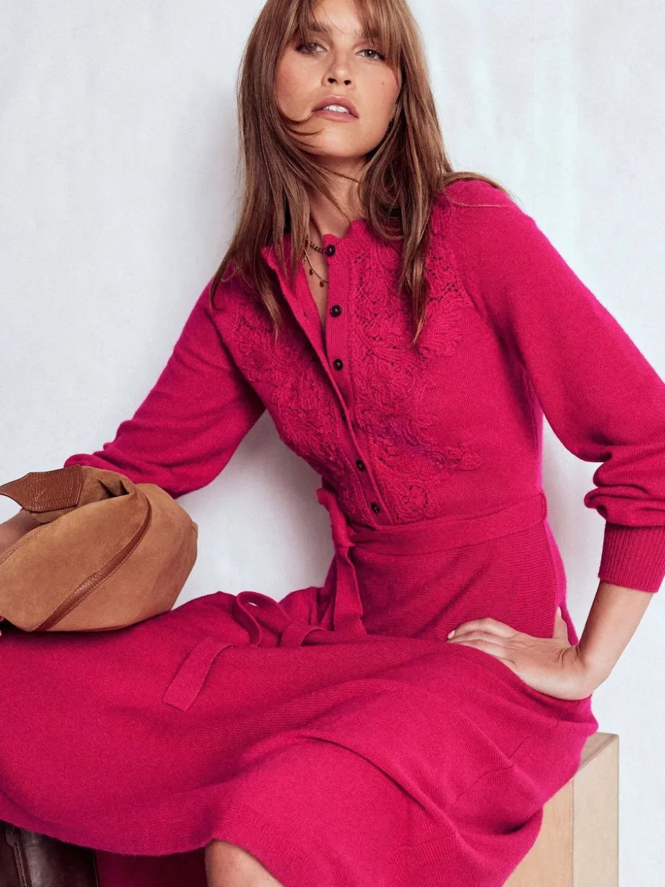 Boden Pink Lace Insert Knitted Midi Dress