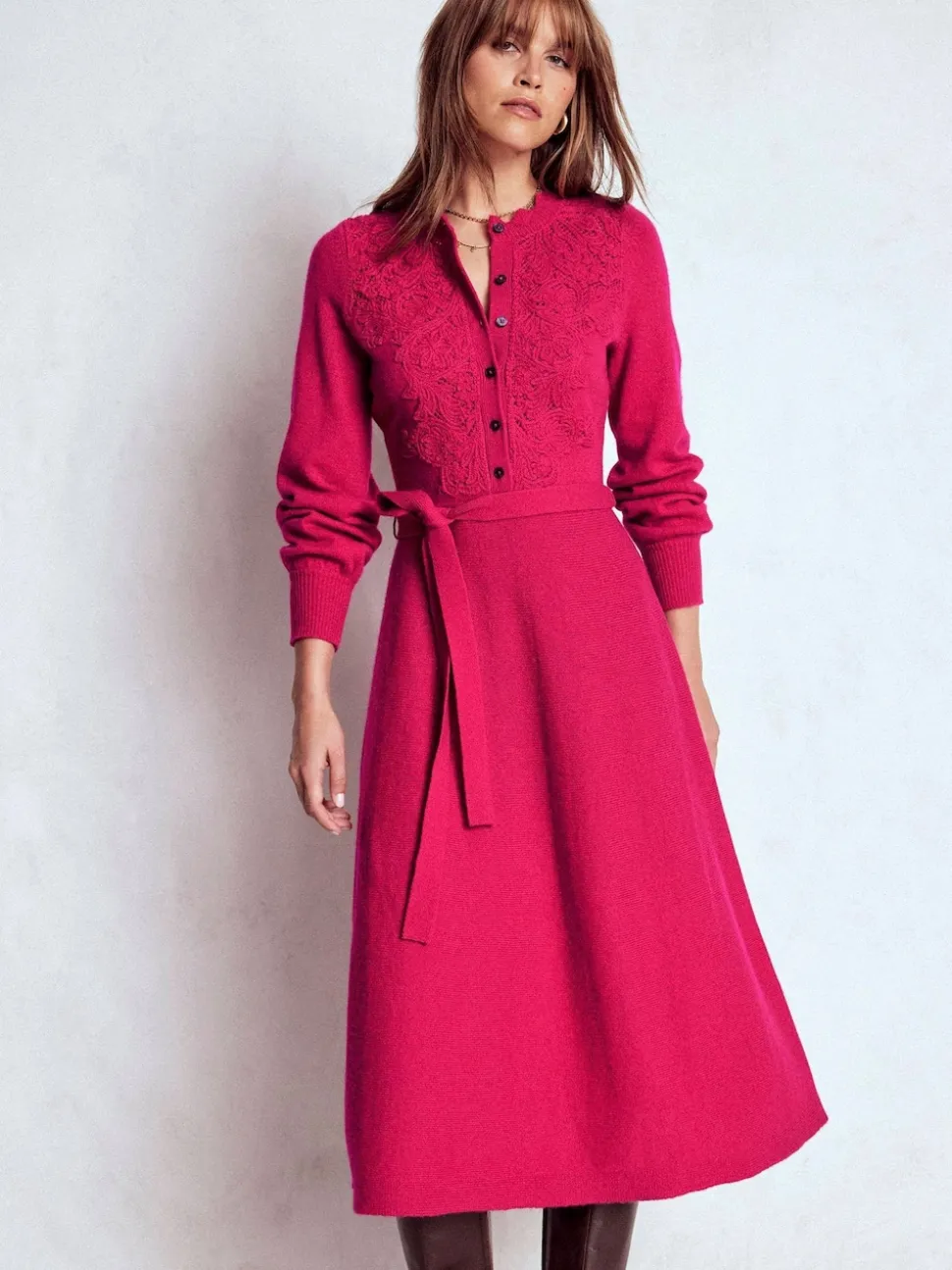 Boden Pink Lace Insert Knitted Midi Dress