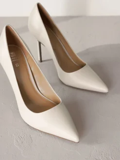 Bone White Leather Point Toe Court Shoes