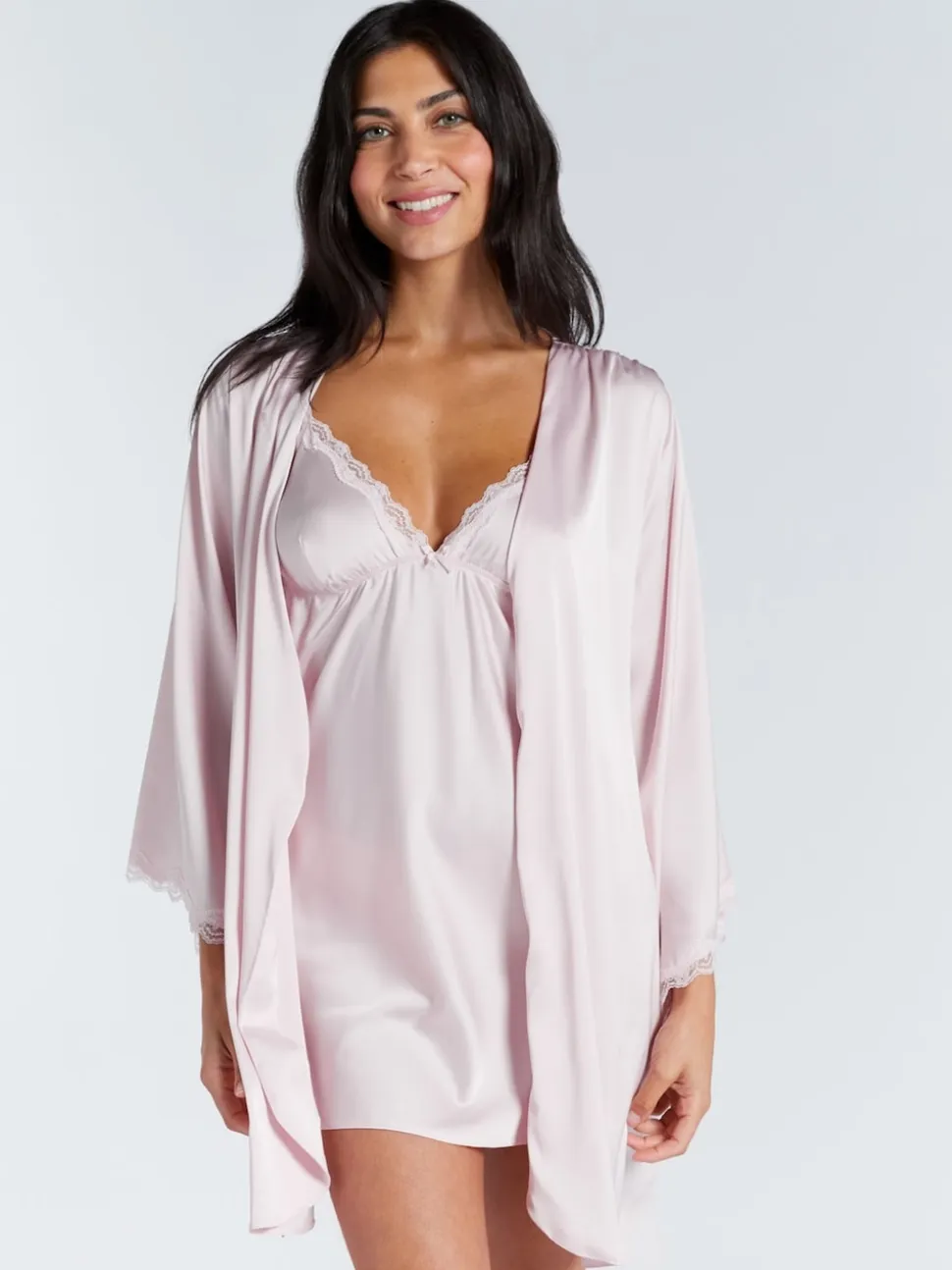 Boux Avenue Pink Kaya Lace Trim Satin Robe