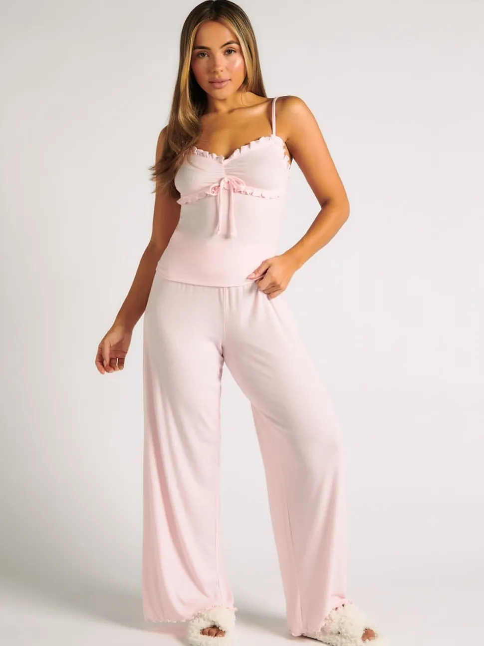Boux Avenue Pink Rib Frill Cami & Pant Pyjama Set