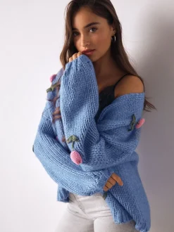 Bright Blue 3D Tulip Soft Touch Chunky Knit Cardigan