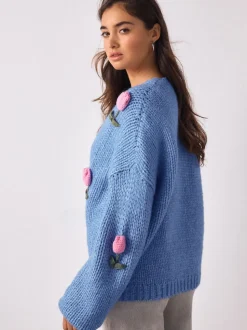 Bright Blue 3D Tulip Soft Touch Chunky Knit Cardigan