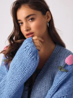 Bright Blue 3D Tulip Soft Touch Chunky Knit Cardigan