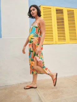 Bright Fruit Stripe Midi Slip Summer Dress