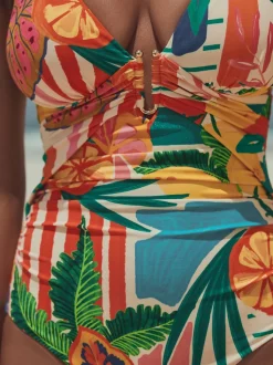 Bright Fruit Stripe Utrim Tummy Control Plunge Swimsuit