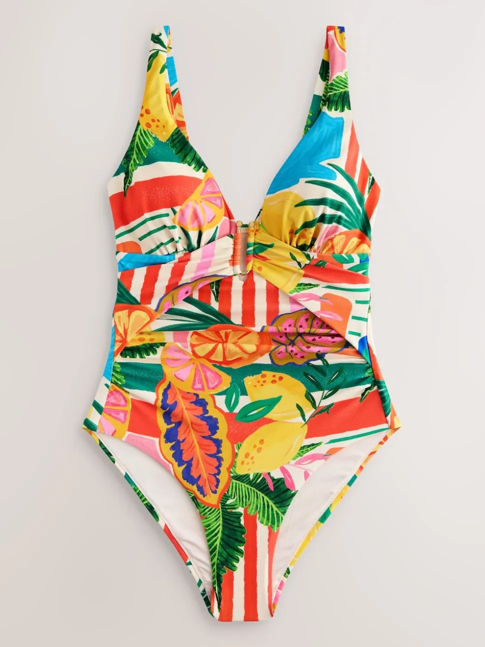 Bright Fruit Stripe Utrim Tummy Control Plunge Swimsuit