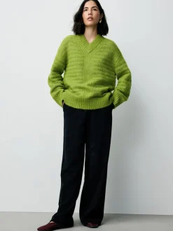 Bright Green Ribbed Longline V-Neck Jumper With Wool