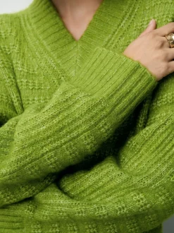 Bright Green Ribbed Longline V-Neck Jumper With Wool