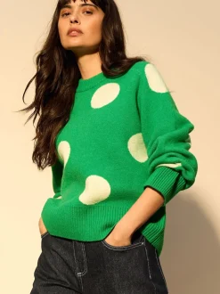 Bright Green Spot Crew Neck Knitted Jumper with Wool