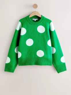 Bright Green Spot Crew Neck Knitted Jumper with Wool